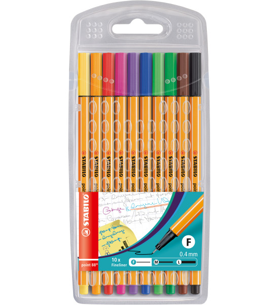 Micropunta/Felpa, Point 88, Punta Fina  0.4 mm, Estuche x 10 Unds. 10 Colores Básicos Surtidos